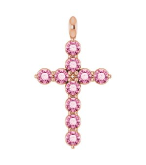 R42363 Pendant 14K Rose Set Natural Pink Tourmaline Round 2 Mm 18.4 X 10.8 Mm Polished Natural Pink Tourmaline Cross Pendant