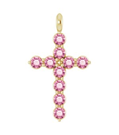 R42363 Pendant 14K Yellow Set Natural Pink Tourmaline Round 2 Mm 18.4 X 10.8 Mm Polished Natural Pink Tourmaline Cross Pendant
