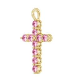 R42363 Pendant 14K Yellow Set Natural Pink Tourmaline Round 2 Mm 18.4 X 10.8 Mm Polished Natural Pink Tourmaline Cross Pendant