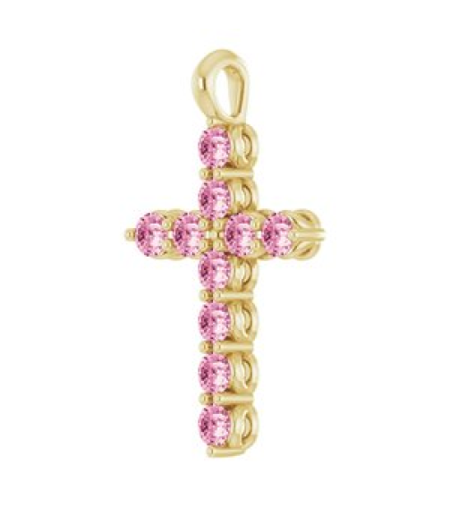 R42363 Pendant 14K Yellow Set Natural Pink Tourmaline Round 2 Mm 18.4 X 10.8 Mm Polished Natural Pink Tourmaline Cross Pendant