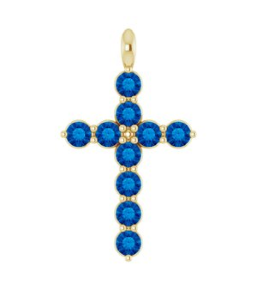 R42363 Pendant 14K Yellow Set Natural Blue Sapphire Round 2 Mm 18.4 X 10.8 Mm Polished Natural Blue Sapphire Cross Pendant