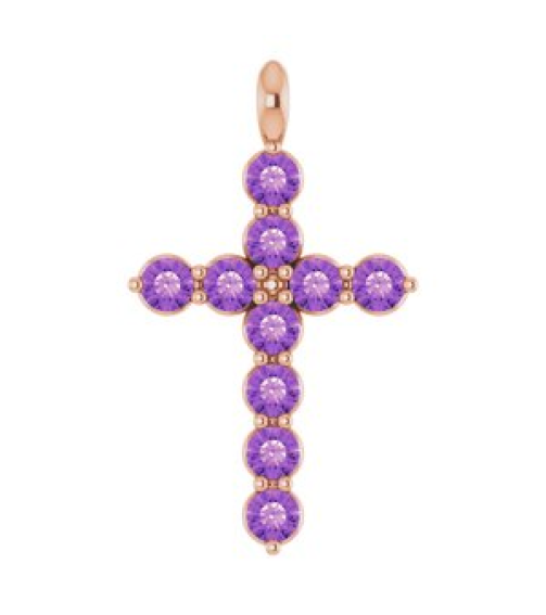 R42363 Pendant 14K Rose Set Natural Amethyst Round 2 Mm 18.4 X 10.8 Mm Polished Natural Amethyst Cross Pendant
