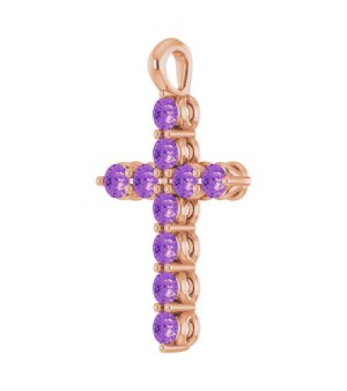 R42363 Pendant 14K Rose Set Natural Amethyst Round 2 Mm 18.4 X 10.8 Mm Polished Natural Amethyst Cross Pendant