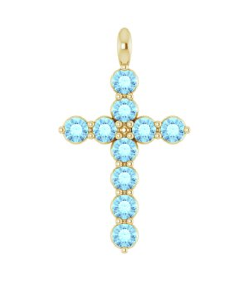 R42363 Pendant 14K Yellow Set Natural Aquamarine Round 2 Mm 18.4 X 10.8 Mm Polished Natural Aquamarine Cross Pendant
