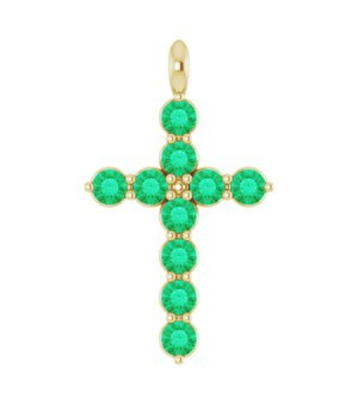 R42363 Pendant 14K Yellow Set Natural Emerald Round 2 Mm 18.4 X 10.8 Mm Polished Natural Emerald Cross Pendant