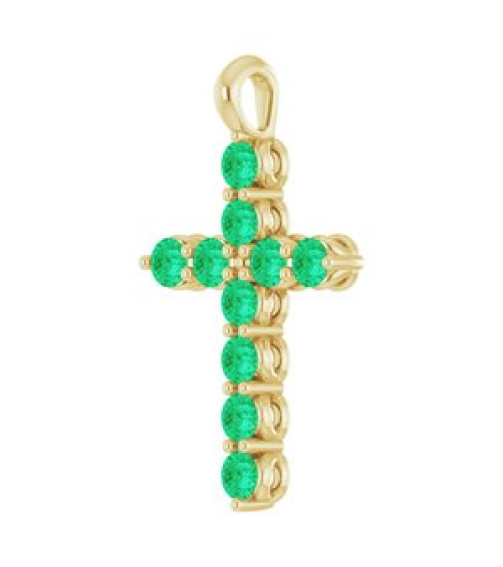 R42363 Pendant 14K Yellow Set Natural Emerald Round 2 Mm 18.4 X 10.8 Mm Polished Natural Emerald Cross Pendant