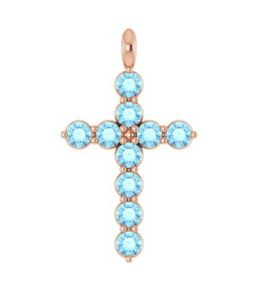 R42363 Pendant 14K Rose Set Natural Aquamarine Round 2 Mm 18.4 X 10.8 Mm Polished Natural Aquamarine Cross Pendant