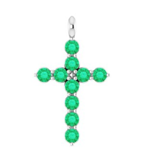 R42363 Pendant Platinum Set Lab-Grown Emerald Round 2 Mm 18.4 X 10.8 Mm Polished Lab-Grown Emerald Cross Pendant