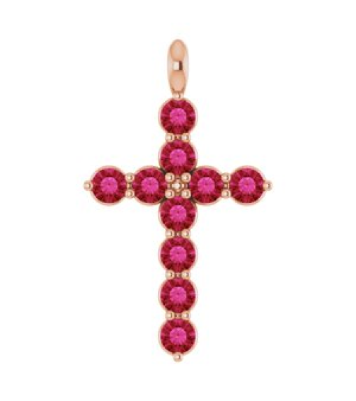 R42363 Pendant 14K Rose Set Natural Ruby Round 2 Mm 18.4 X 10.8 Mm Polished Natural Ruby Cross Pendant