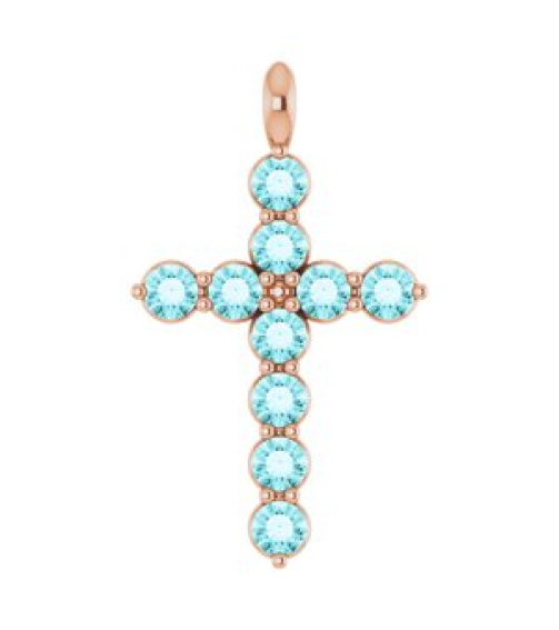 R42363 Pendant 14K Rose Set Natural Blue Zircon Round 2 Mm 18.4 X 10.8 Mm Polished Natural Blue Zircon Cross Pendant