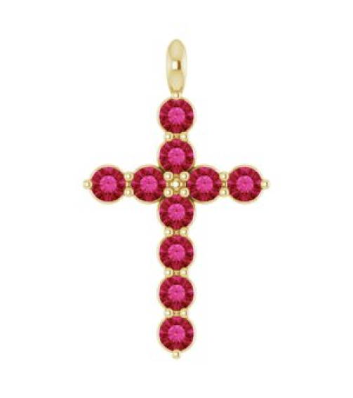 R42363 Pendant 14K Yellow Set Natural Ruby Round 2 Mm 18.4 X 10.8 Mm Polished Natural Ruby Cross Pendant