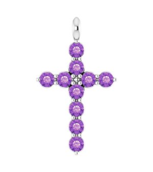R42363 Pendant 14K White Set Natural Amethyst Round 2 Mm 18.4 X 10.8 Mm Polished Natural Amethyst Cross Pendant
