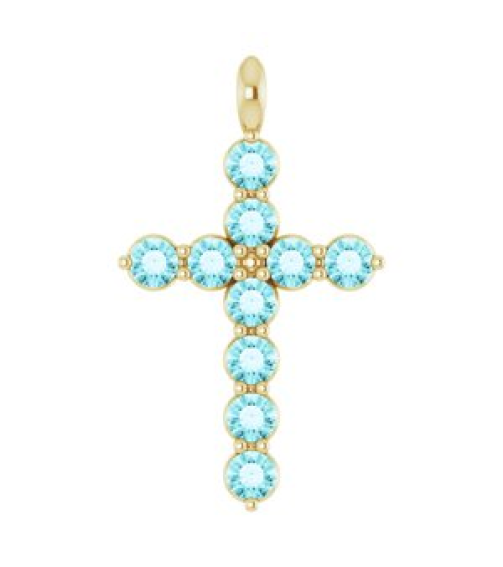 R42363 Pendant 14K Yellow Set Natural Blue Zircon Round 2 Mm 18.4 X 10.8 Mm Polished Natural Blue Zircon Cross Pendant
