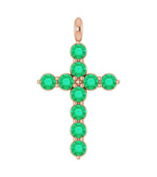 R42363 Pendant 14K Rose Set Natural Emerald Round 2 Mm 18.4 X 10.8 Mm Polished Natural Emerald Cross Pendant