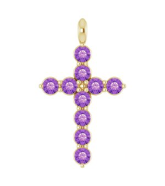 R42363 Pendant 14K Yellow Set Natural Amethyst Round 2 Mm 18.4 X 10.8 Mm Polished Natural Amethyst Cross Pendant