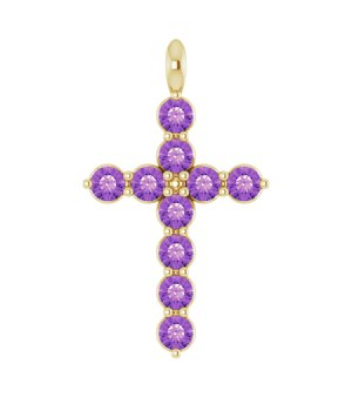 R42363 Pendant 14K Yellow Set Natural Amethyst Round 2 Mm 18.4 X 10.8 Mm Polished Natural Amethyst Cross Pendant