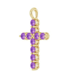 R42363 Pendant 14K Yellow Set Natural Amethyst Round 2 Mm 18.4 X 10.8 Mm Polished Natural Amethyst Cross Pendant