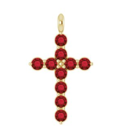 R42363 Pendant 14K Yellow Set Natural Mozambique Garnet Round 2 Mm 18.4 X 10.8 Mm Polished Natural Mozambique Garnet Cross Pendant