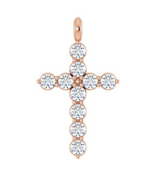 R42363 Pendant 14K Rose Set Natural White Sapphire Round 2 Mm 18.4 X 10.8 Mm Polished Natural White Sapphire Cross Pendant