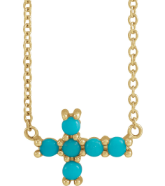 R42420 Necklace Set 14K Yellow Round Natural Turquoise 2 Mm 18 In Polished Natural Turquoise Petite Cabochon Sideways Cross Necklace