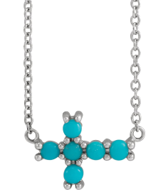 R42420 Necklace Set 14K White Round Natural Turquoise 2 Mm 18 In Polished Natural Turquoise Petite Cabochon Sideways Cross Necklace