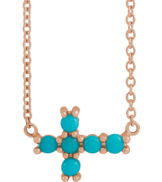 R42420 Necklace Set 14K Rose Round Natural Turquoise 2 Mm 18 In Polished Natural Turquoise Petite Cabochon Sideways Cross Necklace