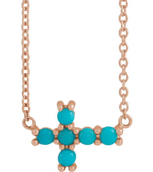R42420 Necklace Set 14K Rose Round Natural Turquoise 2 Mm 18 In Polished Natural Turquoise Petite Cabochon Sideways Cross Necklace