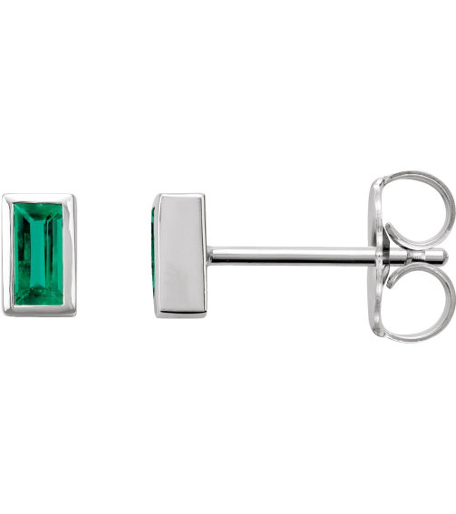 2000410 14K White Set Straight Baguette Natural Emerald Pair 4 X 2 Mm Friction Friction Back Included Bezel Polished Natural Emerald Bezel-Set Earrings