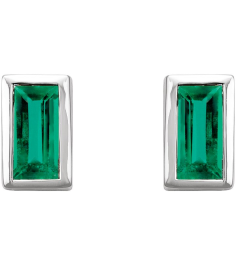 2000410 14K White Set Straight Baguette Natural Emerald Pair 4 X 2 Mm Friction Friction Back Included Bezel Polished Natural Emerald Bezel-Set Earrings