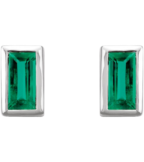 2000410 14K White Set Straight Baguette Natural Emerald Pair 4 X 2 Mm Friction Friction Back Included Bezel Polished Natural Emerald Bezel-Set Earrings