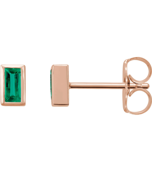 2000410 14K Rose Set Straight Baguette Natural Emerald Pair 4 X 2 Mm Friction Friction Back Included Bezel Polished Natural Emerald Bezel-Set Earrings