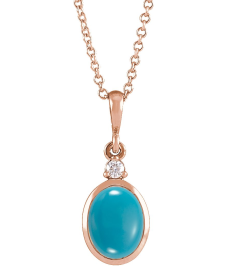 87438 Necklace Set 14K Rose Oval Natural Turquoise 6 X 4Mm 0.015 Ct Natural Diamond I1, G-H 16-18 In Polished Natural Turquoise And .015 Ct Natural Diamond Necklace
