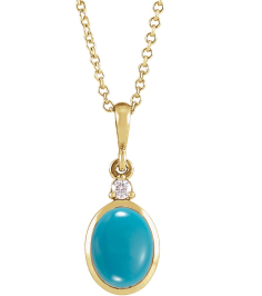 87438 Necklace Set 14K Yellow Oval Natural Turquoise 8 X 6Mm 0.03 Ct Natural Diamond I1, G-H 16-18 In Polished Natural Turquoise And .03 Ct Natural Diamond Necklace