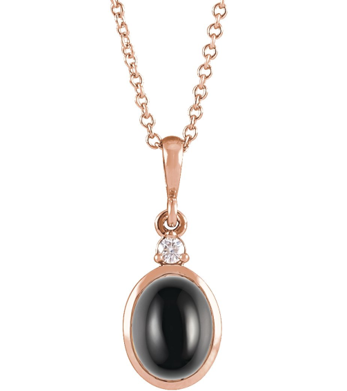 87438 Necklace Set 14K Rose Oval Natural Black Onyx 6 X 4Mm 0.01 Ct Natural Diamond I1, G-H 16-18 In Polished Natural Onyx And .01 Ct Natural Diamond Bezel Set Necklace