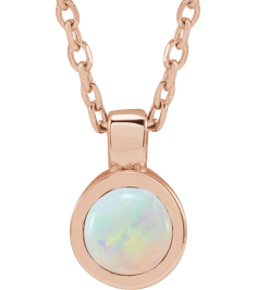 23481 Necklace Set 14K Rose Round Natural White Opal 4 Mm 16-18 In Polished Natural Opal Bezel-Set Necklace