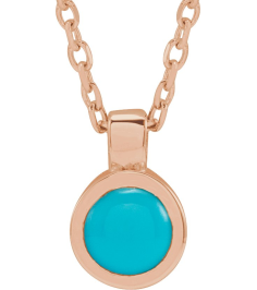 23481 Necklace Set 14K Rose Round Natural Turquoise 4 Mm 16-18 In Polished Natural Turquoise Bezel-Set Necklace