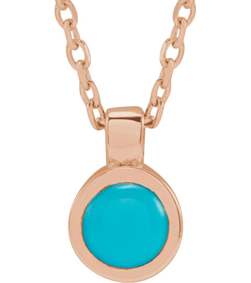 23481 Necklace Set 14K Rose Round Natural Turquoise 4 Mm 16-18 In Polished Natural Turquoise Bezel-Set Necklace