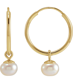 88031 Earring Set 14K Yellow 12 Mm 4 Mm Cultured White Freshwater Pearl Pearl 4 Mm Pair Hinged Polished Cultured White Freshwater Pearl Dangle Endless Hoop Earrings