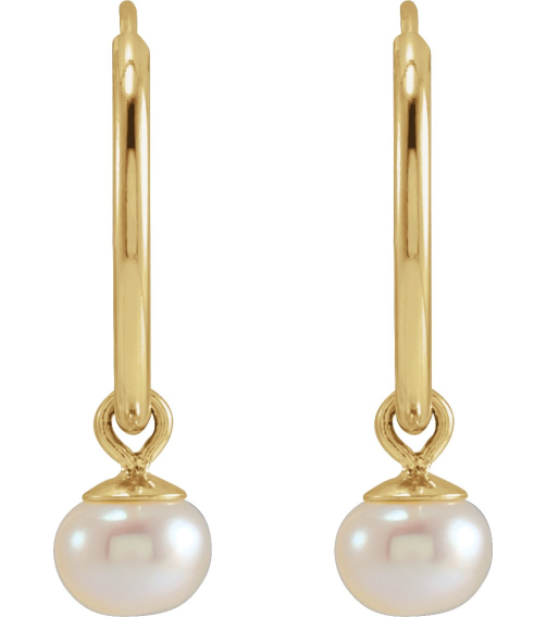 88031 Earring Set 14K Yellow 12 Mm 4 Mm Cultured White Freshwater Pearl Pearl 4 Mm Pair Hinged Polished Cultured White Freshwater Pearl Dangle Endless Hoop Earrings