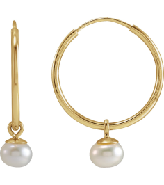 88031 Earring Set 14K Yellow 15 Mm 4 Mm Cultured White Freshwater Pearl Pearl 4 Mm Pair Hinged Polished Cultured White Freshwater Pearl Dangle Endless Hoop Earrings