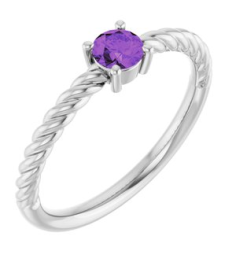 72207 Ring Set 14K White Natural Amethyst Round 4 Mm Polished Natural Amethyst Solitaire Rope Ring