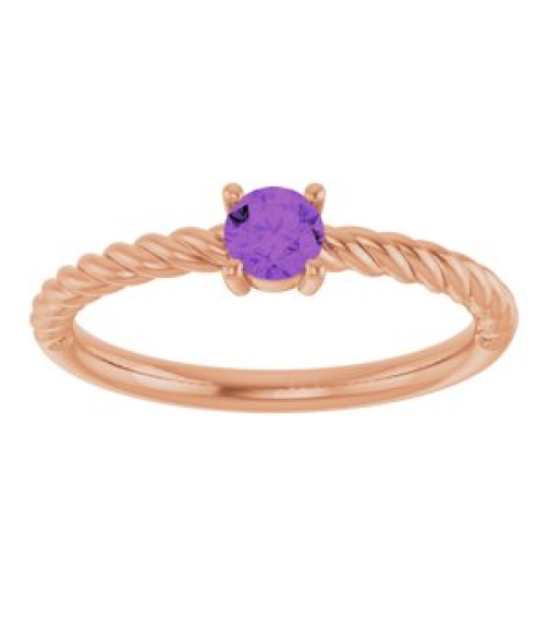 72207 Ring Set 14K Rose Natural Amethyst Round 4 Mm Polished Natural Amethyst Solitaire Rope Ring