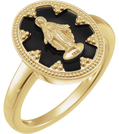 R50018 14K Yellow Black Enamel 7 15.35 Mm Polished Oval Black Enamel Miraculous Medal Ring
