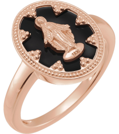 R50018 14K Rose Black Enamel 7 15.35 Mm Polished Oval Black Enamel Miraculous Medal Ring