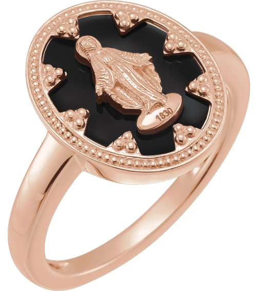 R50018 14K Rose Black Enamel 7 15.35 Mm Polished Oval Black Enamel Miraculous Medal Ring