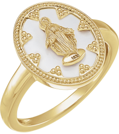 R50018 14K Yellow White Enamel 7 15.35 Mm Polished Oval White Enamel Miraculous Medal Ring