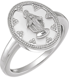 R50018 14K White White Enamel 7 15.35 Mm Polished Oval White Enamel Miraculous Medal Ring