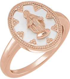 R50018 14K Rose White Enamel 7 15.35 Mm Polished Oval White Enamel Miraculous Medal Ring