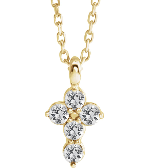R42363 Necklace 14K Yellow Set Natural White Sapphire Round 2 Mm 18.4 X 10.8 Mm Polished White Sapphire Cross 16-18 In Necklace