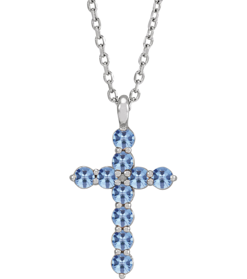 R42363 Necklace Platinum Set Natural Aquamarine Round 2 Mm 18.4 X 10.8 Mm Polished Aquamarine Cross 16-18 In Necklace